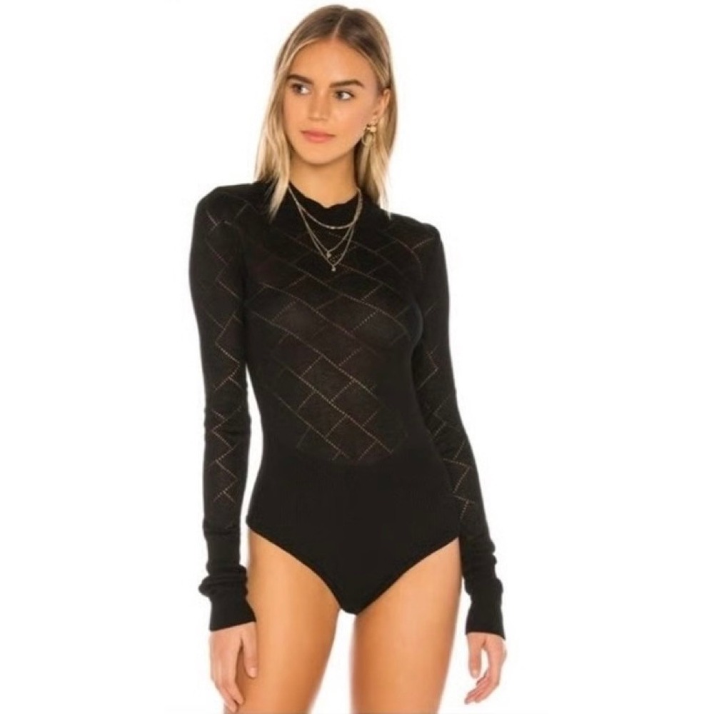 FREE PEOPLE Intimately What's The Pointelle Knit Solid Black‎ Bodysuit Large